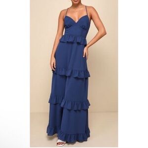 LULU'S XL Blue Captivating Class Ruffled Tiered Lace-Up Maxi Dress